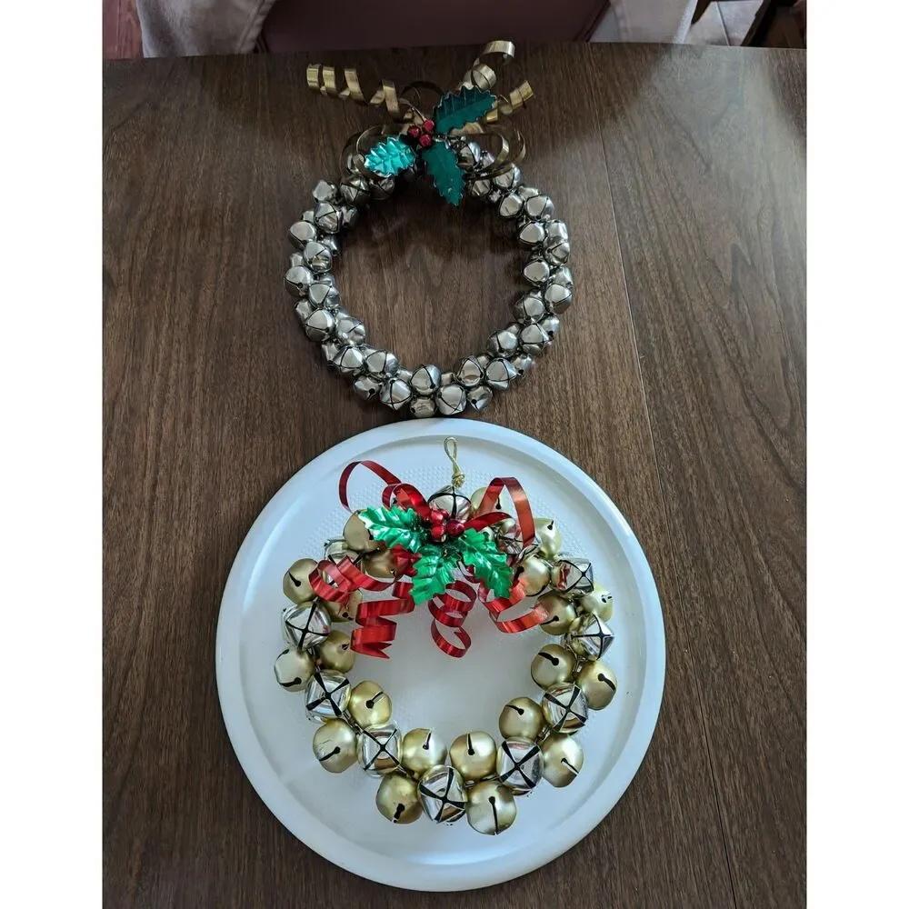 Bundle of two (2) Christmas hanging jingle sleigh bell metal wreaths